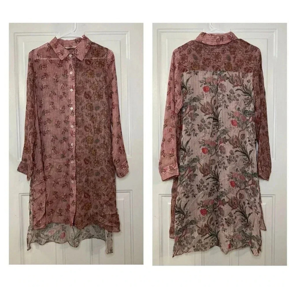 SOFT SURROUNDINGS Women Rose Floral Long Sleeve Tunic Dress Sheer Small Lagenlo - Picture 1 of 9